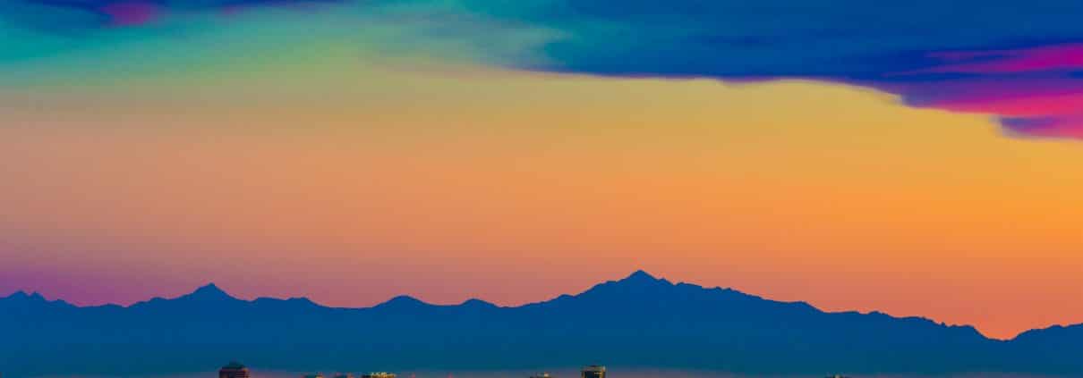 Phoenix Arizona skyline panorama cityscape sunset, aerial from Scottsdale