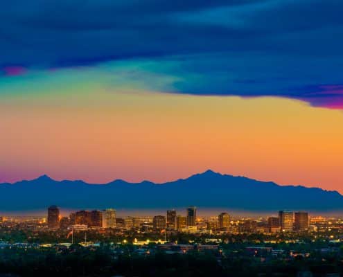 Phoenix Arizona skyline panorama cityscape sunset, aerial from Scottsdale